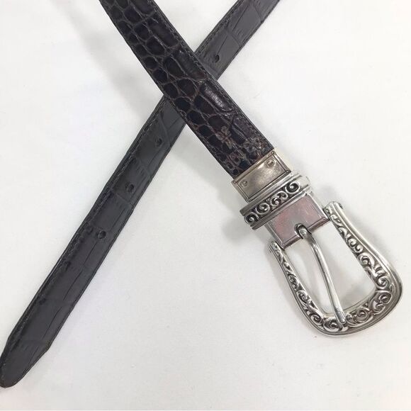 Brighton Black Brown Reptile Embossed Silver Scroll Hardware Reversible Belt - Picture 14 of 16